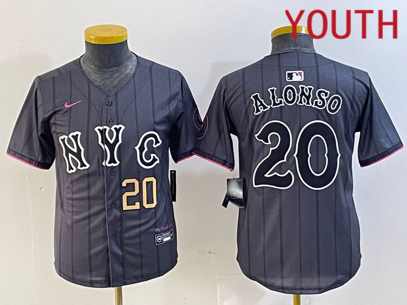 Youth New York Mets #20 Alonso Black City Edition 2024 Nike MLB Jersey style 3